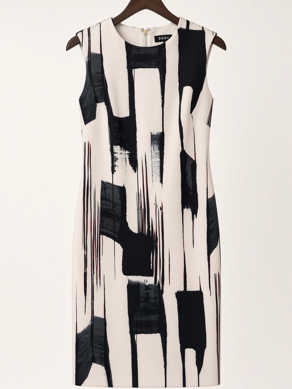 DKNY Sleeveless Abstract Print Sheath Dress White & Black Pink accent Chic Sz 4